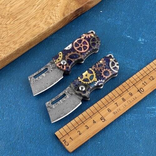Damascus steel mini mechanical folding knife outdoor tactical multi-function outdoor camping hunting self-defense knife