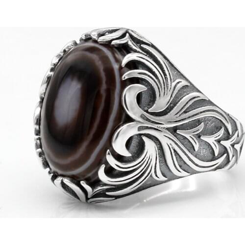 Natural Agate Ring for Men 925 Sterling Silver Evil Eye Gemstone Ring for Male Women Turkish Handmade Cool Fashion Jewelry Gift