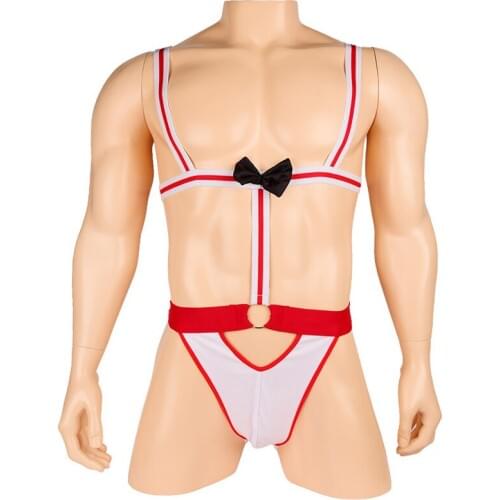Mens Fetish Body Harness Wrestling Thongs Jockstrap Bow Tie Teddies Gay Sissy Bodysuit Erotic Waiter Clubwear Pole Dance Costume