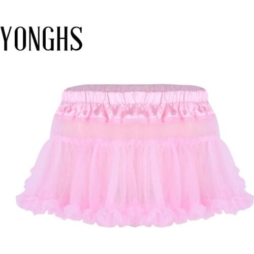 Mens Erotic Lingerie Sissy Mini Skirts Satin Elastic Waistband Frilly Ruffled Tulle Layered Sexy Sissy Short Mini Tutu Skirt
