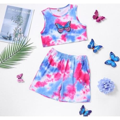 New Summer Kids Clothes Children Sets 2 Pcs Tie Dye Butterfly Sleeveless Vest+short Pants Cotton Casual Home Girls Outfits 4-9Y