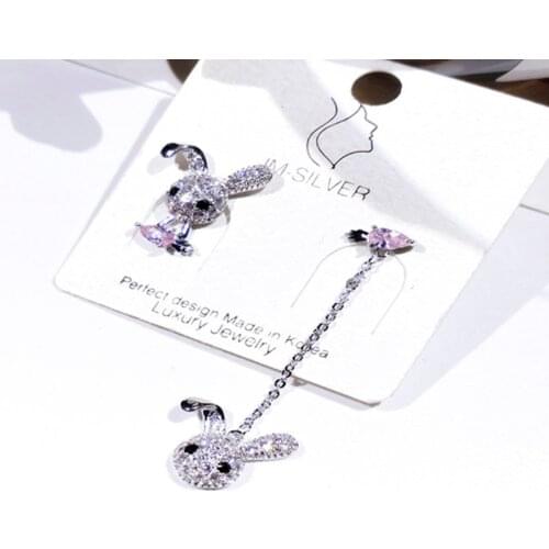 Milangirl 2021 New Arrival Korean Cute Sweet Little Rabbit Shape Shiny Crystal Long Dangle Drop Earring for Ladies Student Girls