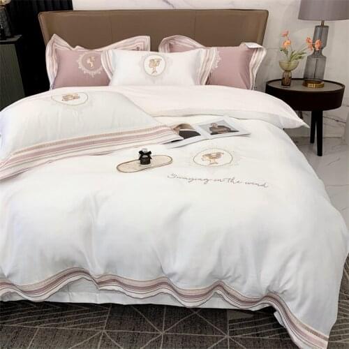 New White Luxury Satin Silk Cotton Bedding Set Vintage Embroidery Smooth Silky Double Duvet Cover Set Bed Linen Pillowcases 4Pcs
