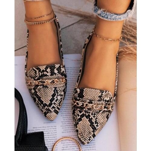 Autumn Muller Shoes Fashion Chain Decoration Pointed Head Womens Shoes Snake Print Casual Shoes Outdoor Plus Size