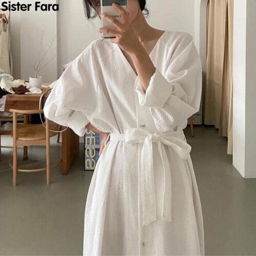 Sister Fara New Spring 2021 Elegant Lace-up Dress for Women V-Neck Full Sleeve Dresses Office Lady Loose Single-breasted Dress