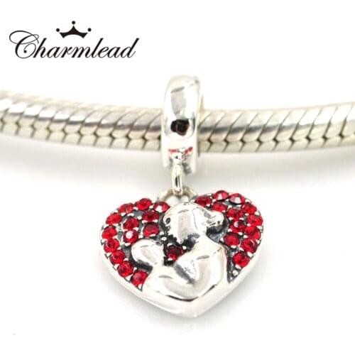 Fits Pandora Charms Bracelet 925 Sterling Silver Beads Mom Love Mother Charm Heart Pendant with Red CZ Stone DIY Silver Jewelry