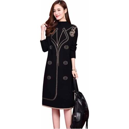 Real Shot Autumn Winter Women Knitted Dress Thick Warm Print Half High Collar Pullover Sweater Plus Size Bottoming Dresses KW307