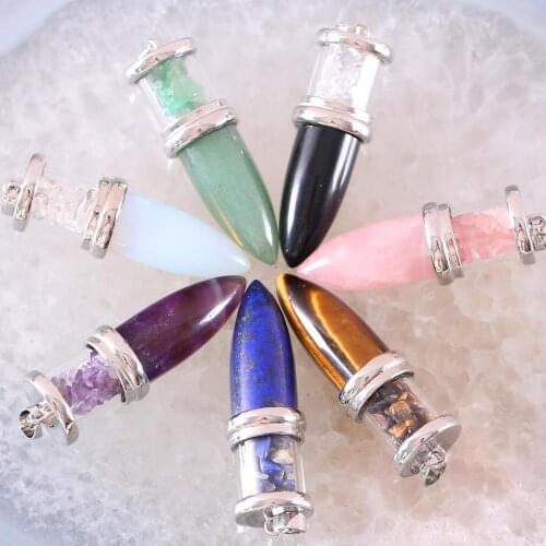 Charm Wishing Bottle Cone Reiki Pendulum Bead Bullet Shaped Pendant Natural Black Onyx Blue Lapis White Crystal Chip 1Pcs