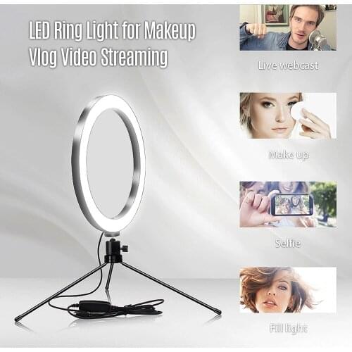 6in LED Ring Light 3200-5600K 3 Colors 10 Levels Brightness Adjustable with Tripod Stand for Live Stream Makeup Portrait YouTube