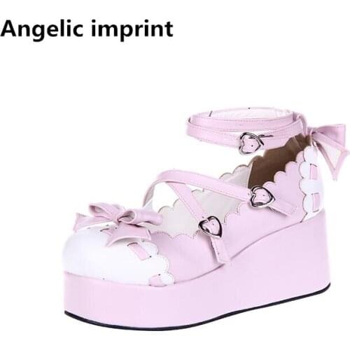 Angelic imprint woman mori girl lolita cosplay shoes lady high trifle heels pumps women princess dress party shoes lacework bows