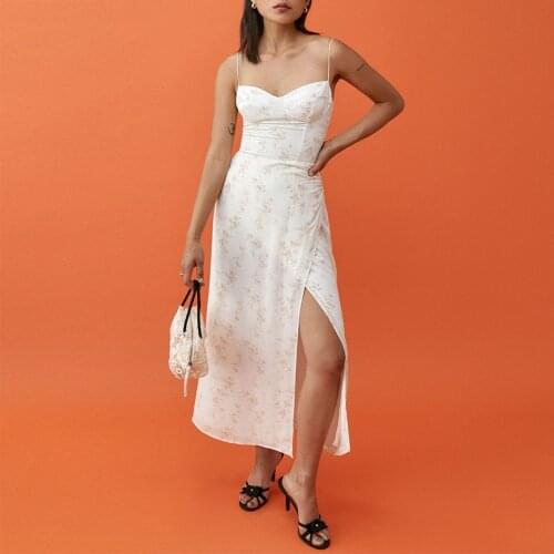 Vintage Floral Chiffon Dress Women Summer Faux Wrap High Slit Elegant Party Dress Tie Spaghetti Strap Sexy Bodycon Midi Dress