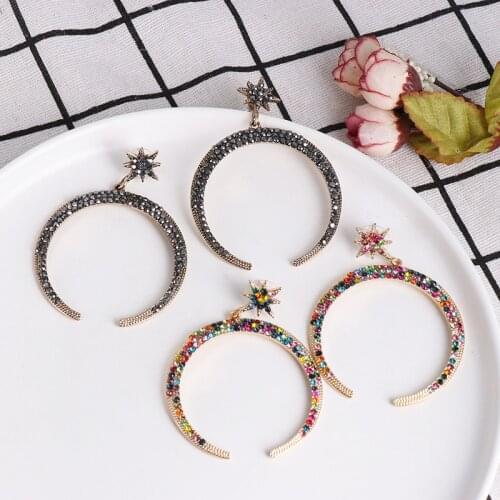 Vintage Shiny Colorful Rhinestone Big Star and Moon Big Drop Earrings for Women Gold Coplor Metal Circle Dangle Earrings Brincos