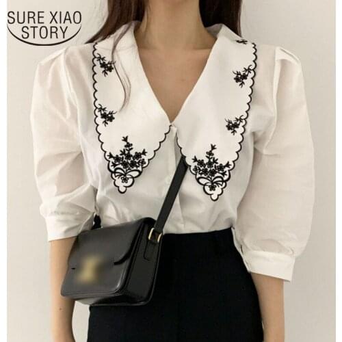 Floral Embroidery Shirt Women Summer Half Sleeve Blouse 2021 Single Breasted Elegant White Shirt Vintage Tops Blusas Mujer 14223