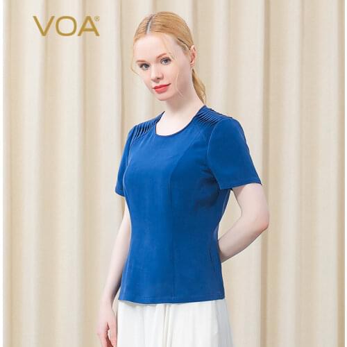 VOA 30m/m Silk Round Neck Short Sleeve Blue Stereo Tucker Pleat Stitching To Make Old Simple Temperament T-shirt Women BE571