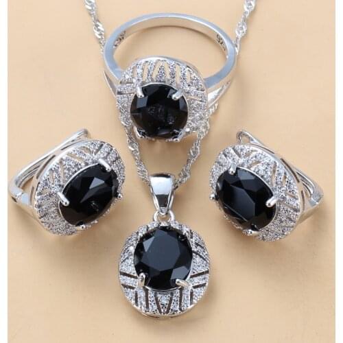 Punk Style 925 Sterling Silver Big Jewelry Sets Black Zircon Dangle Clip Earrings And Ring 3-Piece Sets For Women Gift