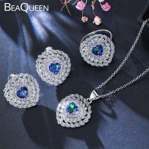 BeaQueen New Heart Cut Green Blue Cubic Zircon Topaz Rainbow Silver 925 Earring Necklace and Ring 3pcs Women Jewelry Set JS050