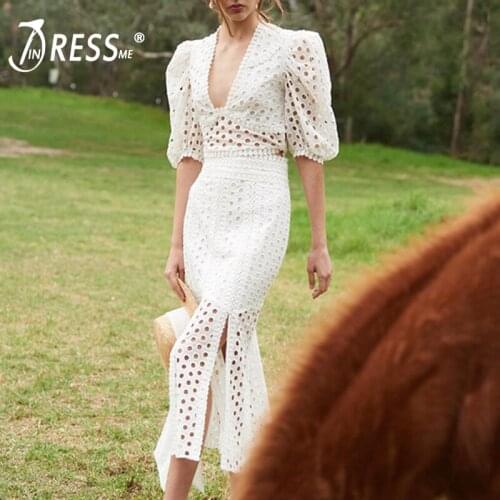INDRESSME 2019 New Women Sexy Puff Sleeve Lace 2 Piece Set Suit Short Top & Mid Calf Skirt Bodycon Fashion Party Club Dress