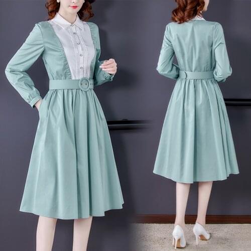 Elegant office ladies work dress women casual patchwork long sleeve single breasted shirt dress fashion pleated long dress robe