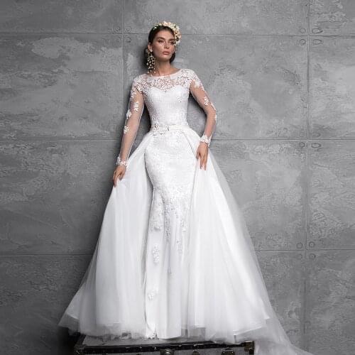 Detachable Train Mermaid Wedding Dress Long Sleeve Sukienka Na Wesele Luxury Abiti Da Sposa Plus Size Vestido De Novia