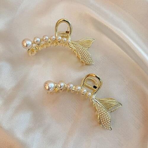 1pcs Pearl Hair Clips Fish Tail Metal Hair Claw Clip Non-slip Hair Catch Jaw Clamp Hair Accessories For Girlfriend Birthday Gift
