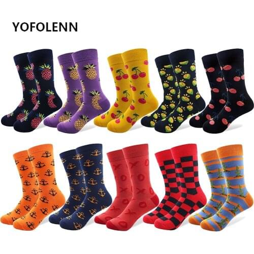10 Pairs/Lot Fruit Happy Socks Women Men Personalized Cotton tube Cherry Lemon Square Anchor Pattern Colorful Funny Unisex Sock