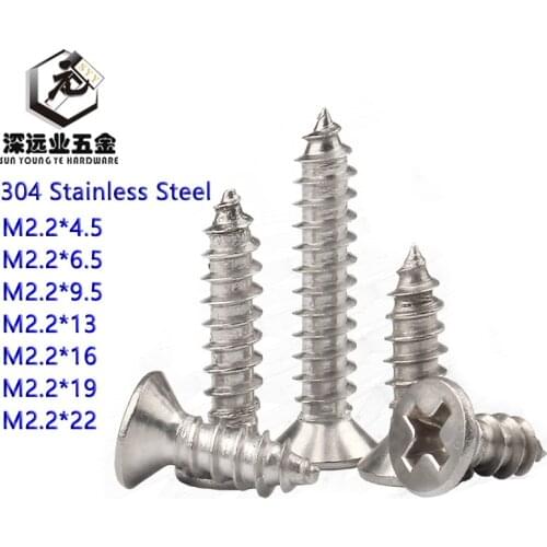 100pcs M2.2 304 Stainless Steel Cross Recessed Flat Head Countersunk Self-tapping Phillips Flat Screws Furniture Wood screws