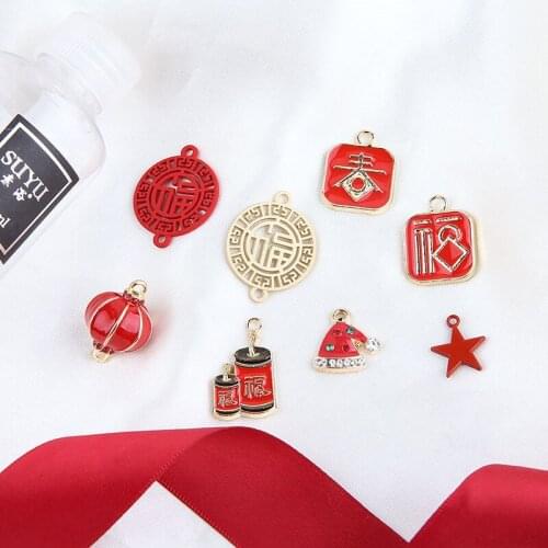 6pcs Alloy Drip Oil Chinese Style Spring Festivalpendant Blessing Bamboo Red Lantern Earrings for Women Diy Jewelry Findings