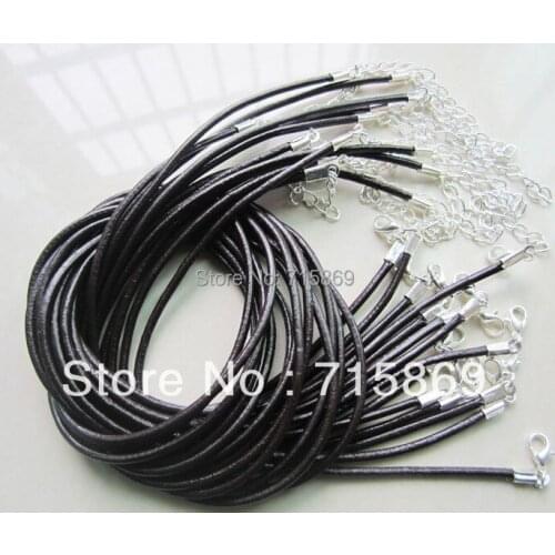 Free Shipping 100pcs 16-18inch adjustable 2.0mm black genuine/real leather Necklace Cord and small bright end