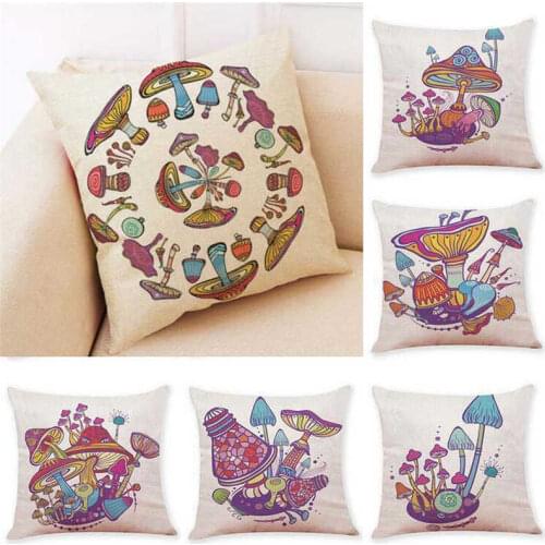 Colorful Mushroom Pattern Pillow Case Cotton Linen Cushion Cover Home Sofa Car Decor 18"