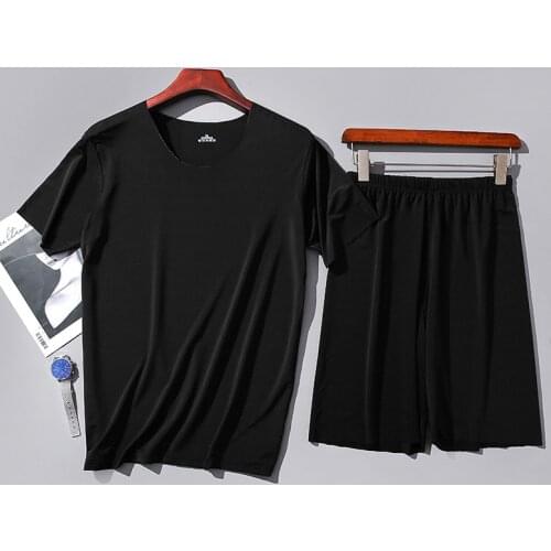 Short Sleeve T Shirt+Shorts Set Mens Pajamas Summer Modal Ice Silk Home Clothes For Men Blue Black Gray Home Wear Sleepwear Set