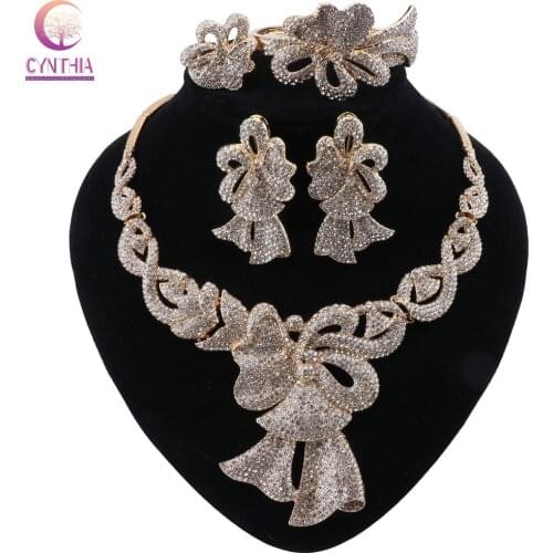 CYNTHIA African Wedding Crystal Necklace Bracelet Earrings Ring Sets Dubai Fashion 3 Color Jewelry Set For Women