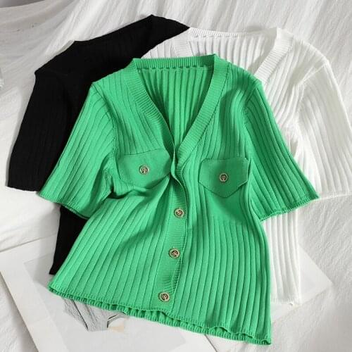 Short V-neck Cardigan Summer Clothes New Solid Slim Stretch Knitwear Single-Breasted Short Sleeve Knitted Sweater Tops
