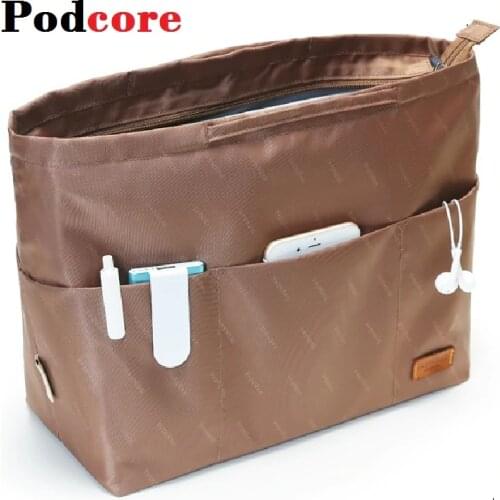Purse Handbag with handle and Retractable Key Ring Coffee Make Up Bag Organiser for Tote Handbag Cosmetic Organizer