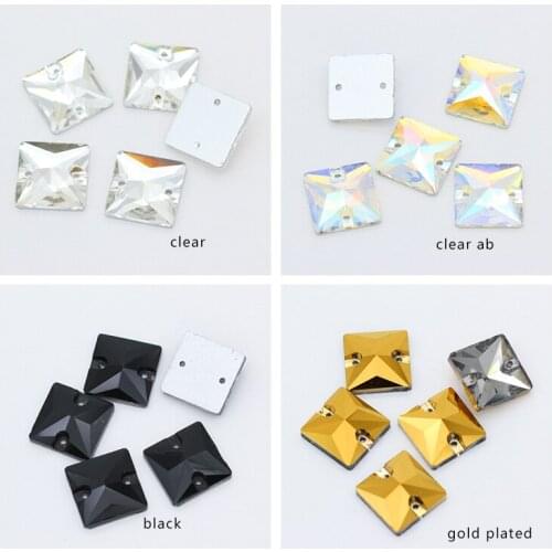 24pcs 14mm Square Sewing Sparking Rhinestone Sew On Point Facet Crystals Flatback Two Holes Sew-On Garment Stones 18 Colors