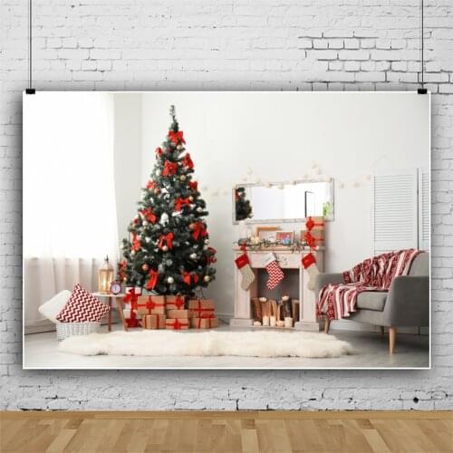 Laeacco Christmas Tree Photographic Background White Fireplace Gift Window Carpet Banner Child Photocall Interior Photo Backdrop