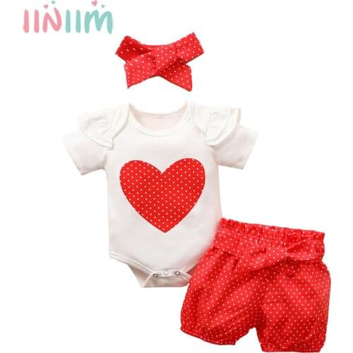 Iiniim Baby Girls Summer Set Newborn Baby 1st birthday Outfit Infant Ruffle Sleeve Heart Romper + Polka Dot Shorts + Headband