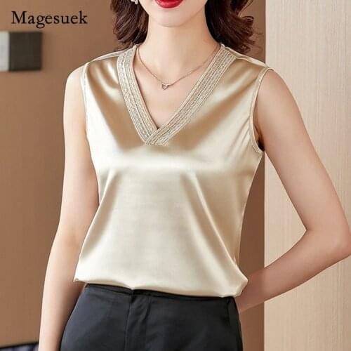 Summer 2021 Fashion Women Silk Blouse V-neck Loose Solid Lace Satin Tops Elegant Plus Size Sleeveless Satin Blouse Blusa 14797