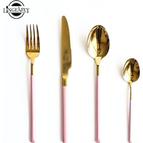 Pink Gold Cutlery Set Fork Spoon Knife Set Silverware Knives Forks Spoons Restaurant Service Kitchen Metal Dinnerware Tableware