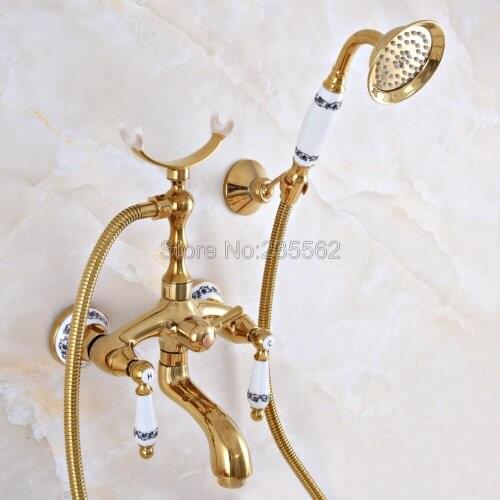 Wall Mounted Gold Color Brass Clawfoot Bathtub Faucet telephone style Bath Shower Water Mixer tap with Handshower lna960