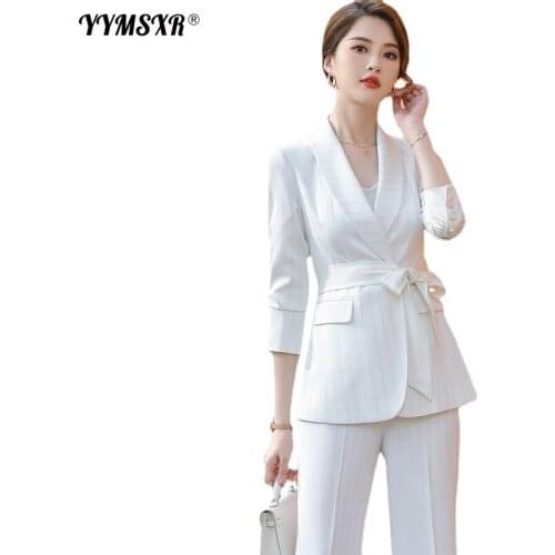 2021 New High-quality Plus Size Womens Suit Business Wear Autumn and Winter Fashion Slim Striped Jacket Slim Trousers 2-piece