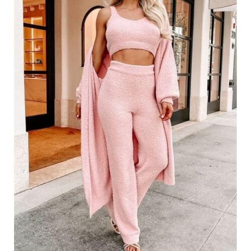 2021 New Winter Soft Fluffy 3 Piece Sets Women Sexy Solid Crop Tops Pants Suit Casual Outfits Womens Homesuit Warm Trousers Set