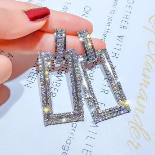 2020Net red needle jewelry geometric rectangle full earrings Korean jewelry square claw chain earrings