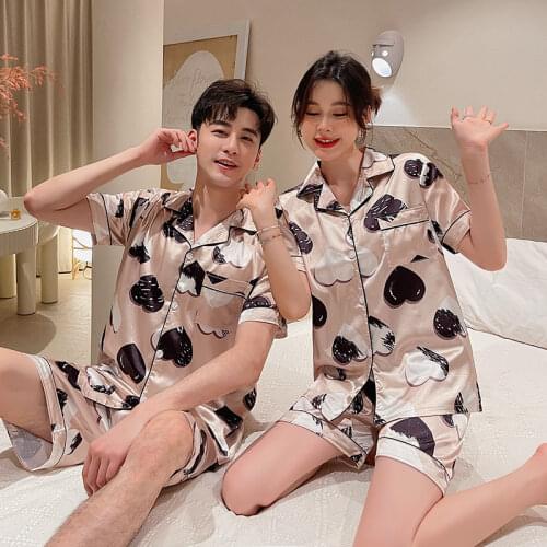 Man Womens Sleepwear Couple Pajamas Summer Short Sleeved Silk Pyjamas For Women Cartoon Animal Bear Home Clothes Lounge Set