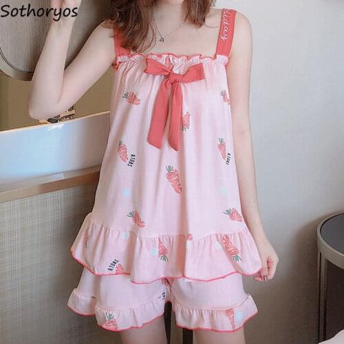 Pajama Sets Women Ruffled Sleeveless Bow Printed Lovely Thin Loose Sleepwear Princess Girl Stylish Fashion Breathable Nightwear
