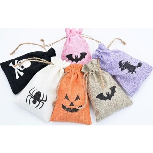 10 Pcs/lot Halloween Drawstring Gift Bag Linen Burlap Pumpkin Spider Bag Kids Favor Candy Bags for Christmas Party Home Decor