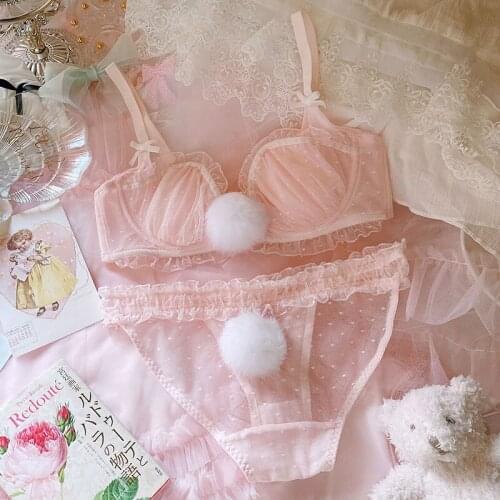 Japanese girl sexy underwear cute hair bulb rabbit tail pink lace ultrathin steel big yards bra set bra and panty set sujetador