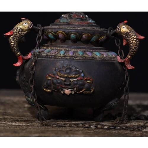 15"Tibet temple Old Bronze Tracing Mahakala head statue incense burner Carp handle Incense Town House Exorcism