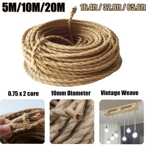5m/10m/20m 2x0.75 Vintage Electrical Wire Wires Hemp Rope Woven Textile Twisted Cable Braided Light Line 16.4ft/32.8ft/65.6ft