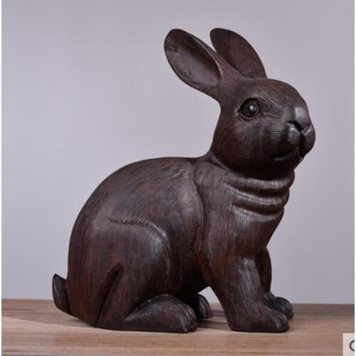 Ebony carved rabbit furnishings to attract wealth solid wood animal zodiac crafts mahogany home sitting room decorations