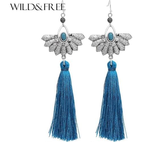 Wild&Free New Bohemian Blue Fringe Tassel Earrings Handmade Earrings Women Alloy Flower Long Dangle Earring Jewelry Accessories